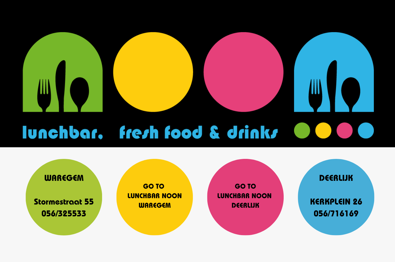 NOON lunchbar artwork with circles; click yellow or pink circle below to visit noon.be